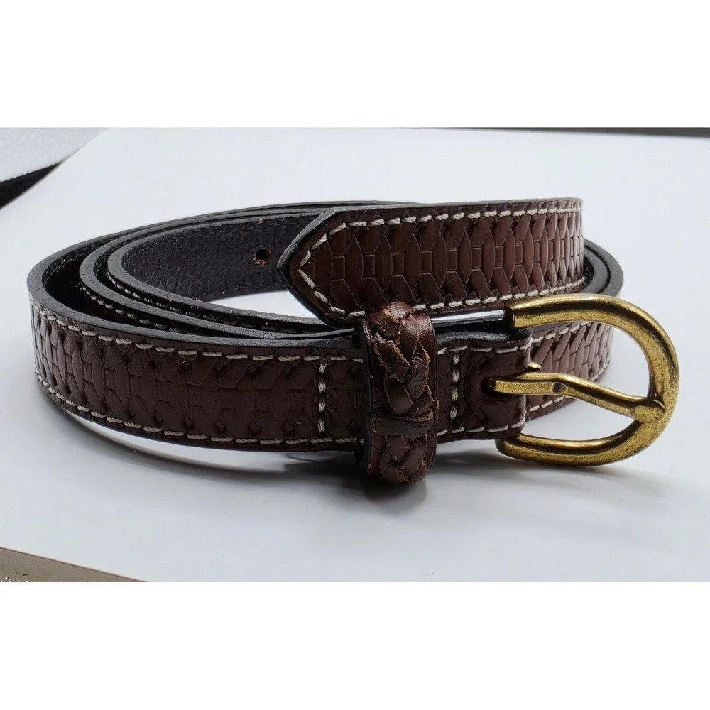 Gap Womens Brown Leather Belt Embossed Snake Scale Stitch Brass Buckle Size L